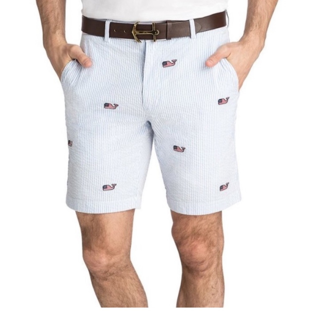 Vineyard Vines Breaker Short In Seersucker with Flag Whale Logo